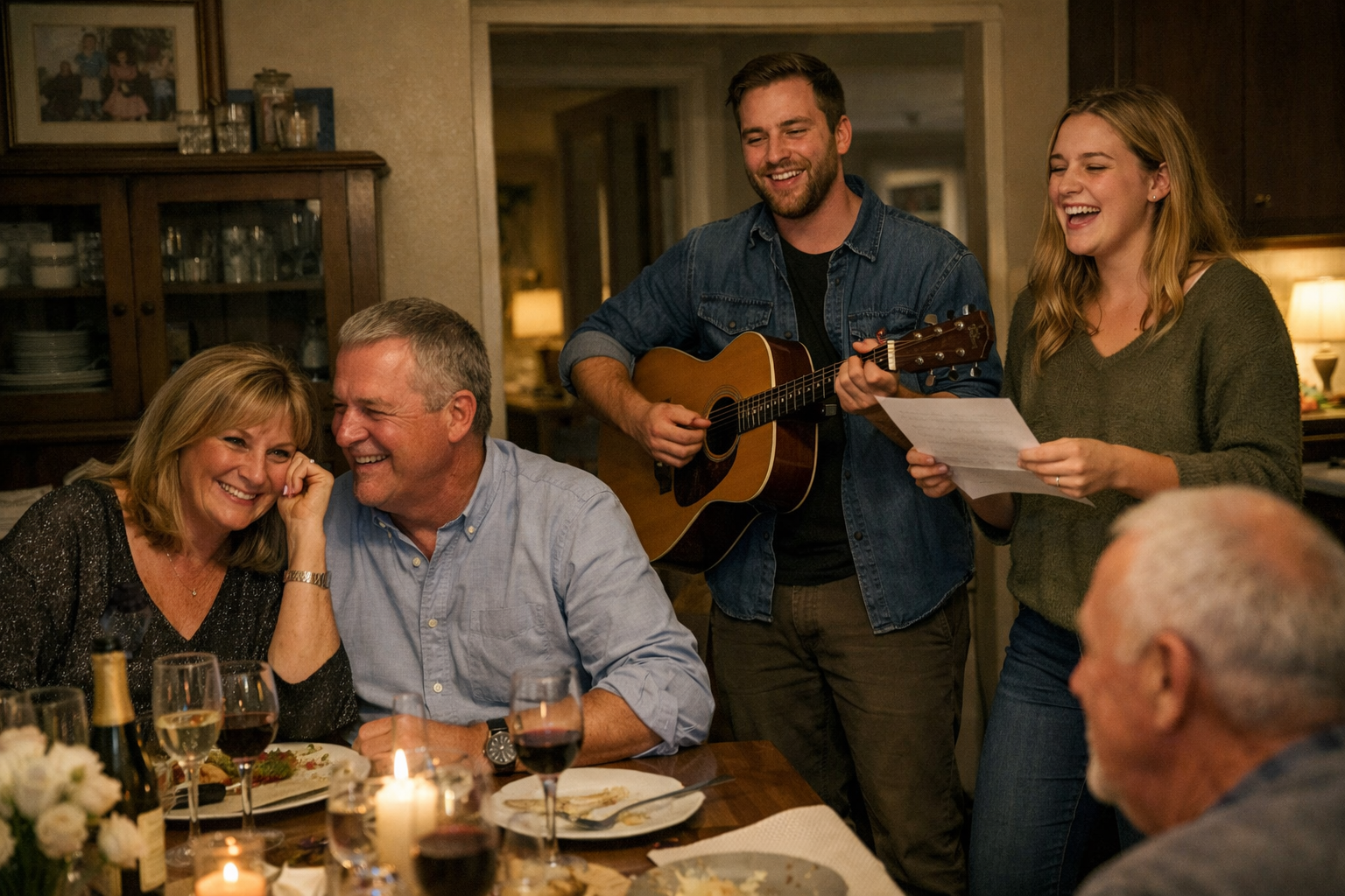 Adult children celebrating their parents wedding anniversary